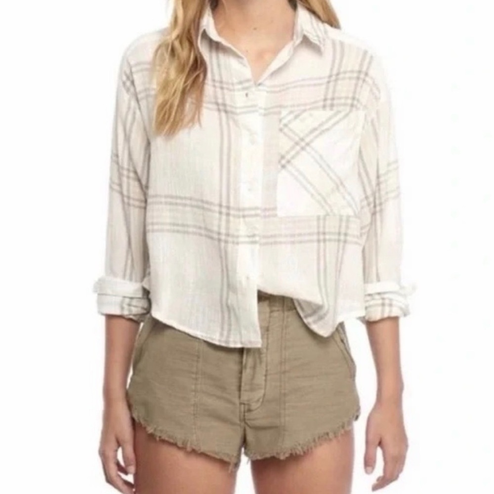 Free People Cutie Plaid Button Down Cream and yellow size small